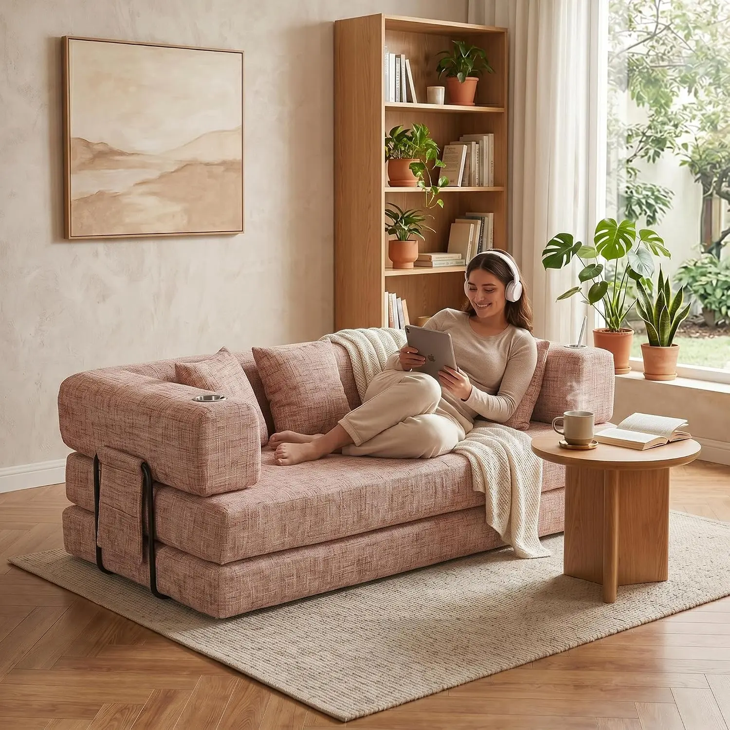 Gaomon 79-Inch Corduroy Floor Base Sofa, Armless Deep Seat Couch with 4 Pillows & 2 Cup Holders, Ideal for Living Rooms & Small Spaces, Pink