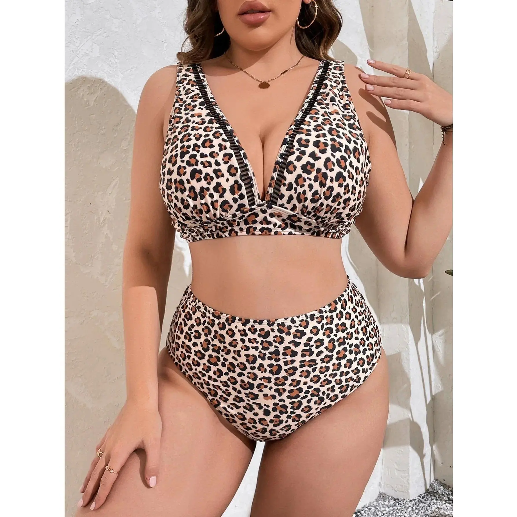 2025 Leopard Strapped 2 Piece Plus Size Bikini Women Push Up Large Big Swimsuit Backless High Waist Chubby Bathing Suit