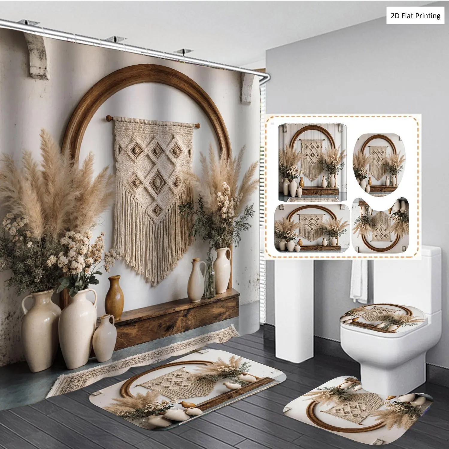 Bohemian Fabric Bathroom Decor Set, Traditional All-Over Print Waterproof Adjustable Shower Curtain with Pampas Grass & Vases, Non-Slip Bath Mat, U-Shape Toilet Mat, Toilet Lid Cover, 12 Hooks, Multiple Sizes, Machine Washable