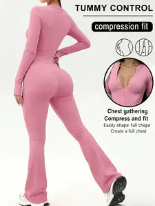 Y2K Long Sleeve Zipper Flared Jumpsuit | Slimming Shaping Jumpsuit, High-Waist Butt-Lifting Sports Jumpsuit, Slim V-Neck Gym Outfit, Yoga Everyday Casual Stretchy Soft Activewear, Body-Hugging Jumpsuit, Available in 4 Colors