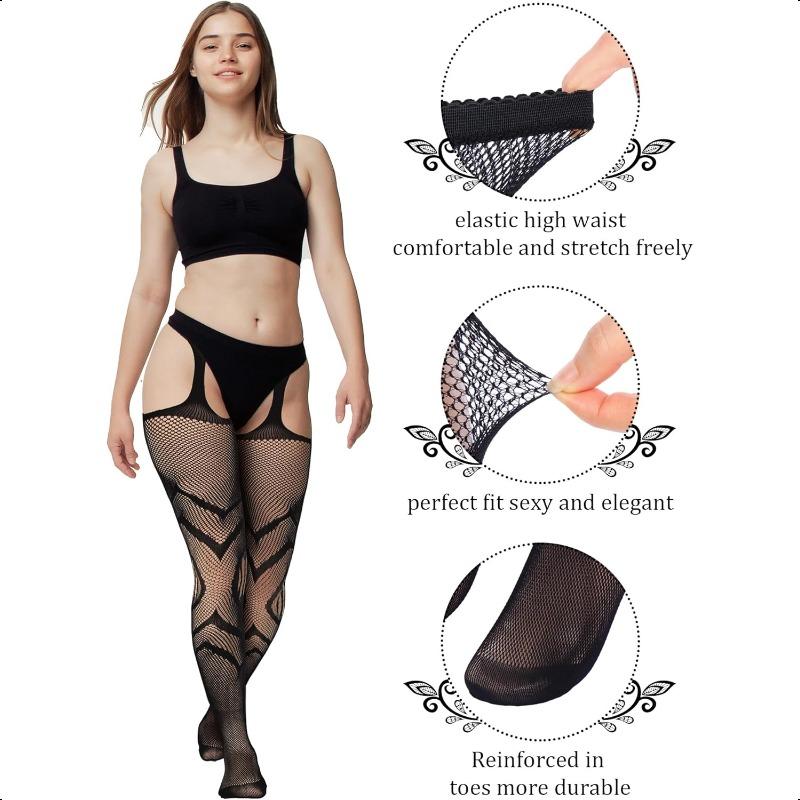 Jadive 6 Pairs Women Plus Size Fishnet Thigh High Stockings Suspender  Garter Belt Lingerie Pantyhose Tights for women