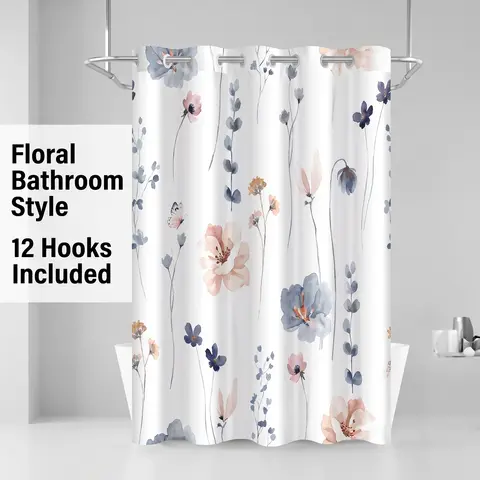 Floral Pattern Shower Curtain, Waterproof Bathroom Curtain with 12pcs Hooks, Bathroom Decoration Accessories for Home, Hotel, Salon, Dormitory, Flower, Restroom, Floral Shower Curtains for Bathroom, Decorative Shower Curtain