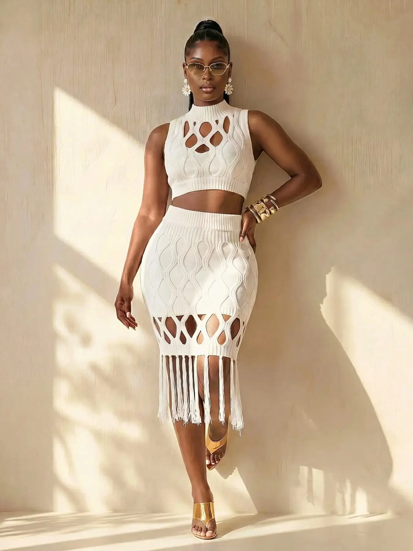 Sexy Hollow Out Sleeveless Cropped Sweater Top and Tassel Long Skirt Set, 2-Piece Knitwear for Spring Summer Autumn