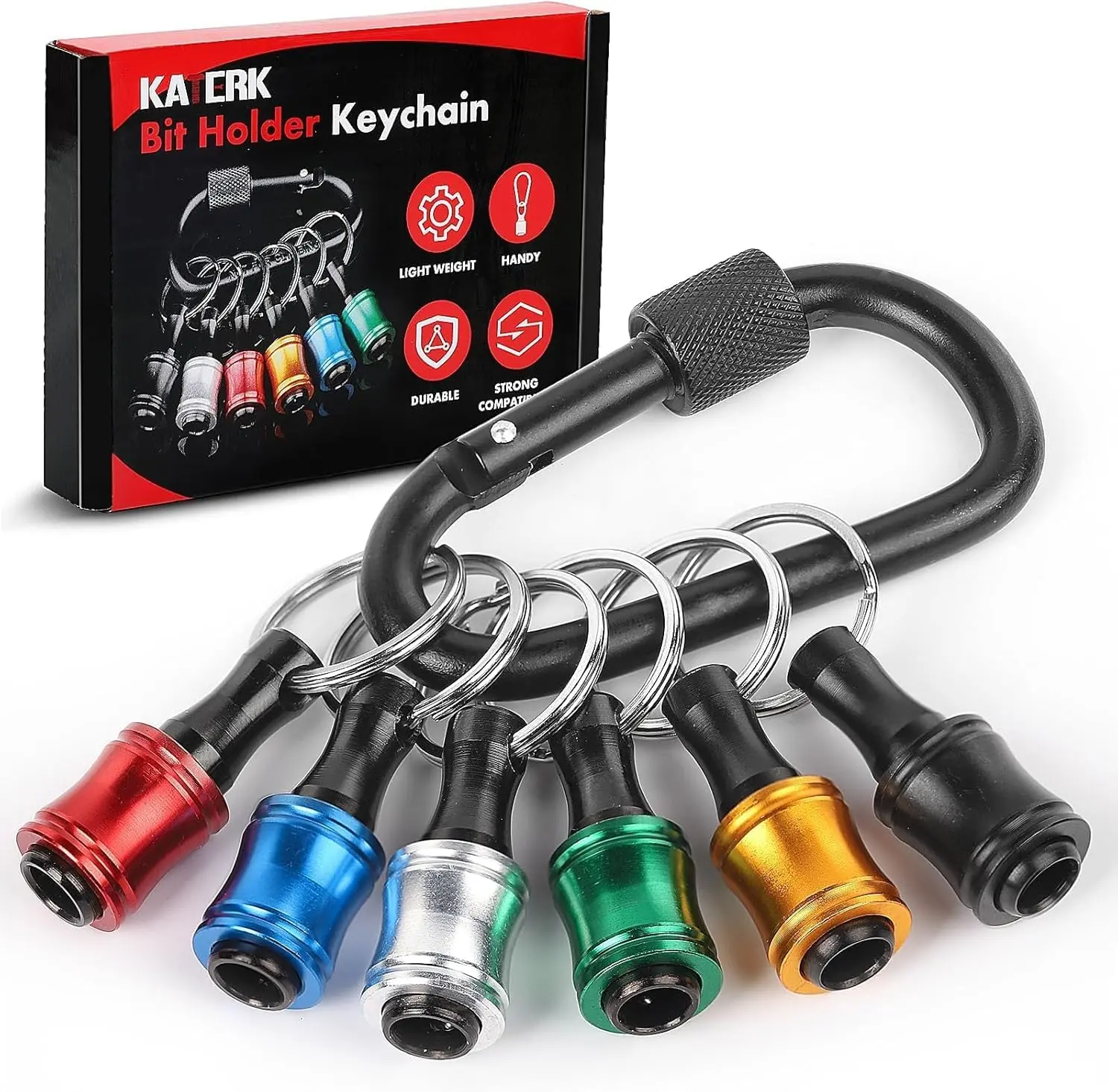 6pcs Push to Unlock 1/4-in Hex Shank Aluminum Alloy Quick-Change Bits Holder Lightweight Extension Bar Keychain Screw Adapter with Black Carabiner, Tool Gifts for Men (Carabiner Set)