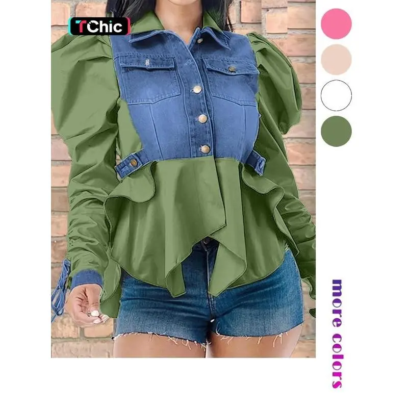 Women's Colorblock Ruched Knot Design Long Sleeve Button Front Blouse Casual Leg-of-Mutton Sleeve Pocket Top for Spring & Fall Women's Clothing