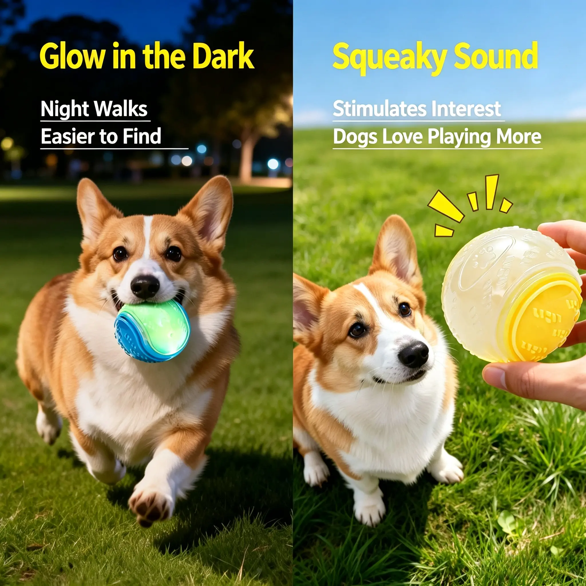 Glow in The Dark Squeaky Dog Balls – Durable High Bouncy Rubber Fetch Toys for Small & Medium Puppy Dogs, Interactive Training Chew Balls for Teething, Keep Pets Busy Indoors & Outdoors, Great for Day or Nighttime Play