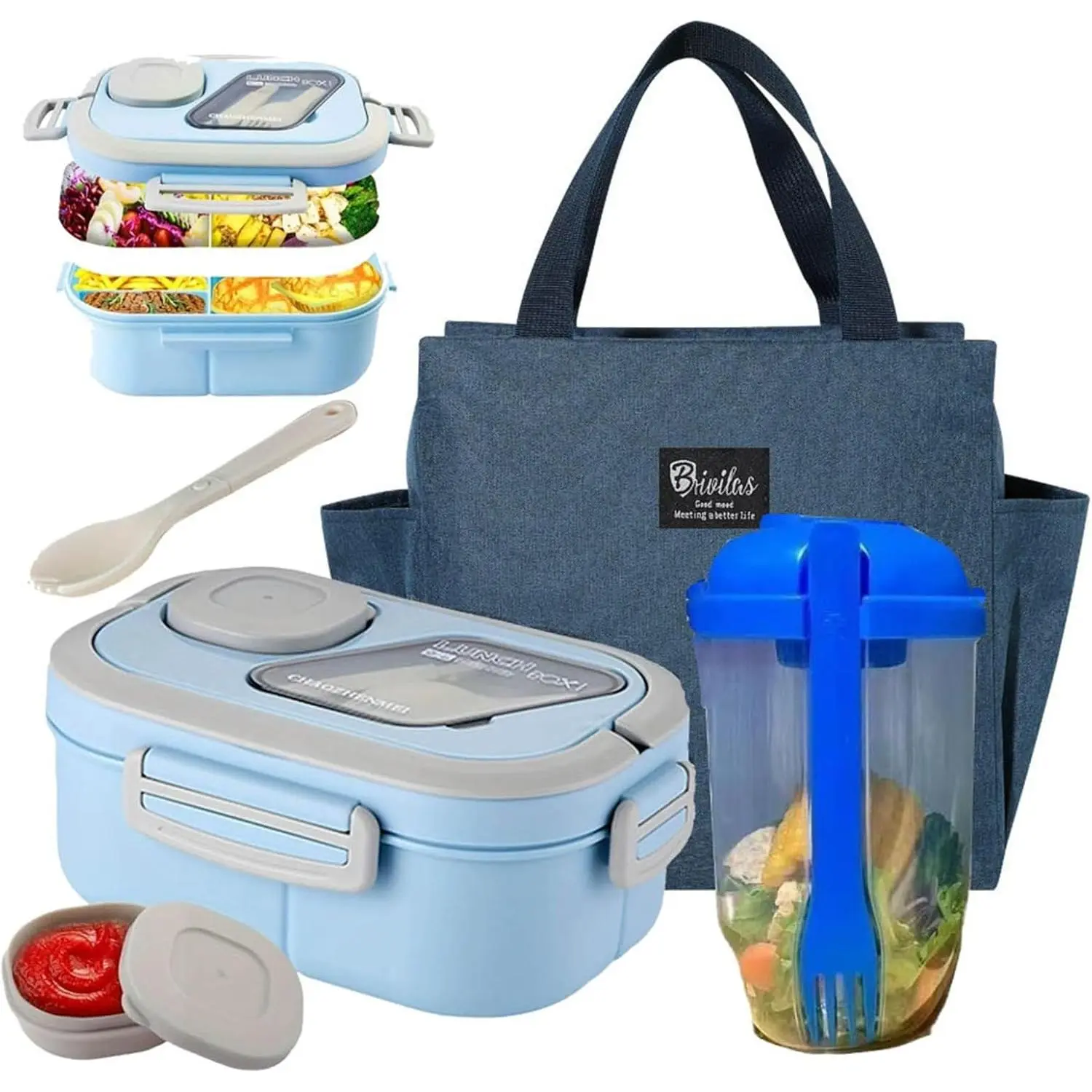 Adult Bento Lunch Box Set with Insulated Lunch Bag – Stackable 2‑Layer Leakproof Container, ‑in Utensils, Sauce Cup & Blue Salad Cup, Microwave Safe for Work, Picnic (40 oz)
