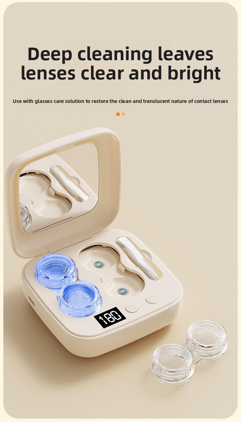 Ultrasonic Contact Lens Cleaner Rechargeable with Vanity Mirror - Portable Compact Case Hard & Soft Lens Compatible, 3 Deep Cleaning Modes, On-the-Go Daily Care Sanitizer for Travel Sports Office Home Use