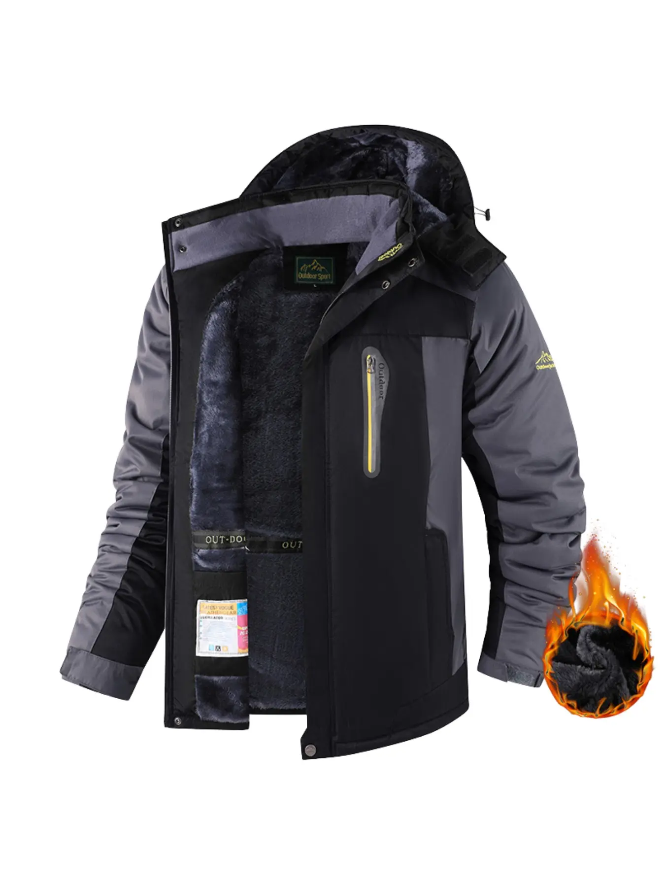 Men Color Block Fleece Lined Hooded Jacket Winter Thick Sherpa Lined Windproof Waterproof Outdoor Hiking Coat