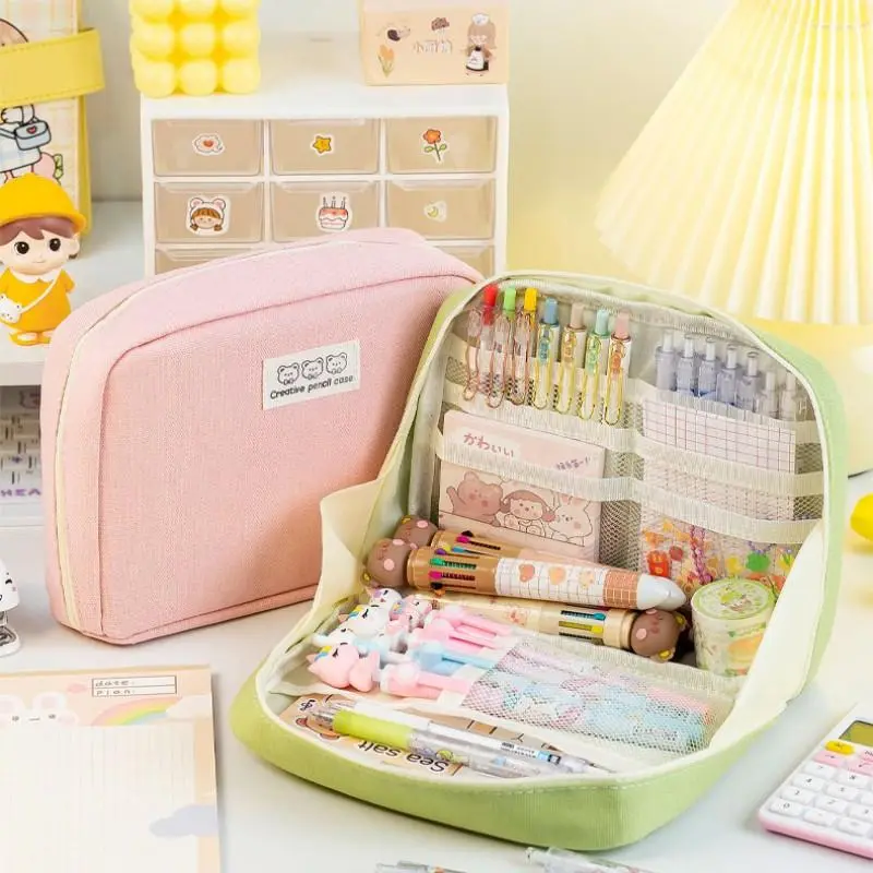 Wind Japanese Style Pencil Case for Girls, Large Capacity Canvas Stationery Bag, Simple Design for Middle School Students, Stationery Supplies