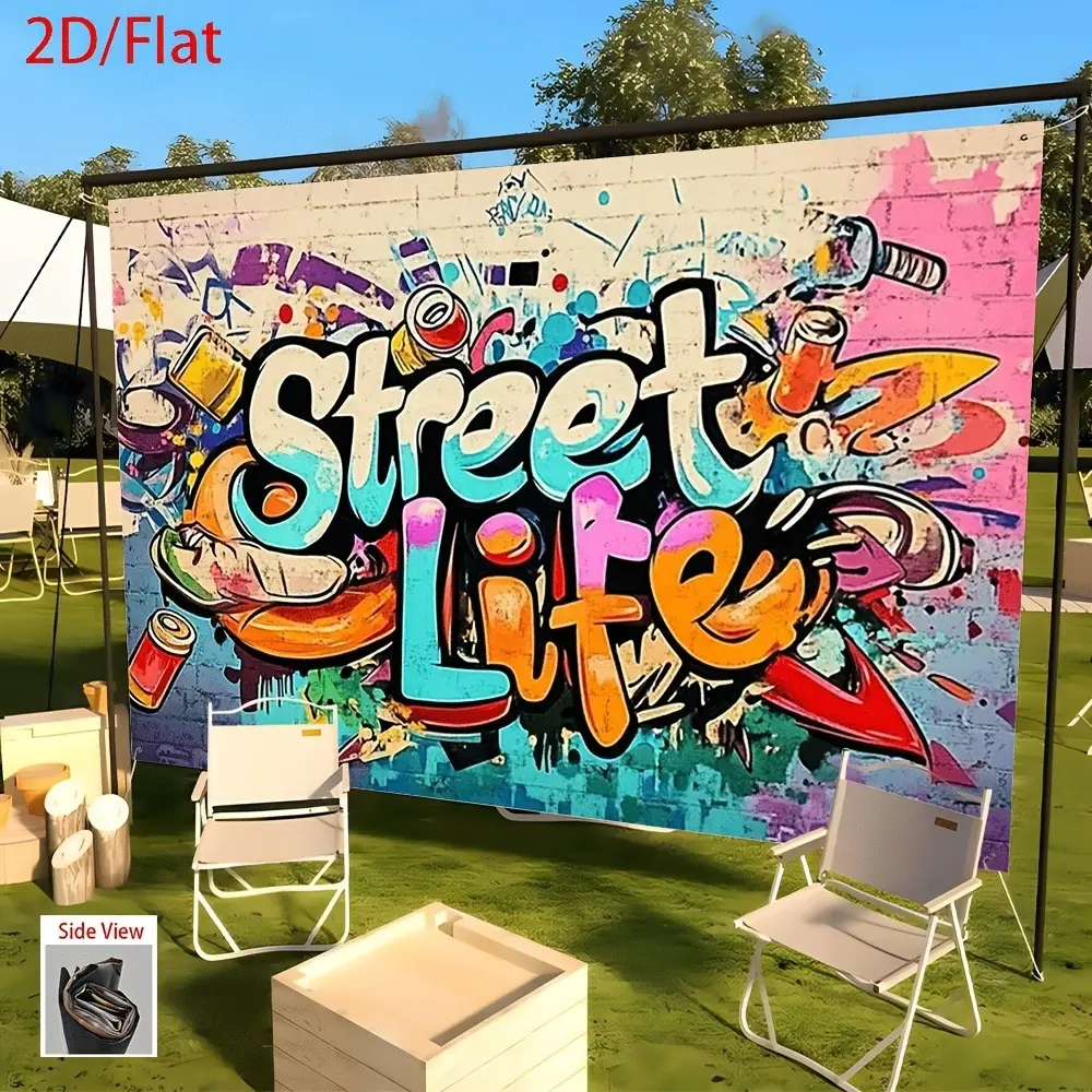 2D Flat Life Graffiti Wall Art Banner | Vibrant Street Art, Bold “Life” Text & Colorful Urban Graffiti Backdrop | Single-Sided Polyester | Metal Grommets for Easy Hanging | Bedroom, Bar, Café, Party & Home Decor