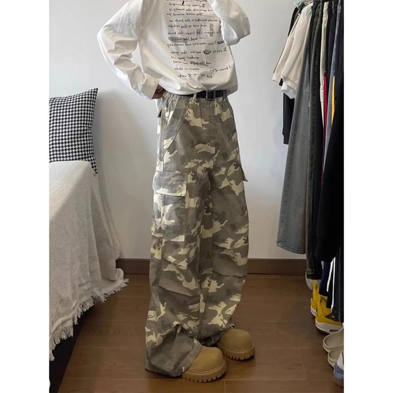 Kyn Apparel American Washed Retro Pocket Wide Leg Loose Casual Straight Paratrooper Pants Men's Trendy Camouflage Pocket Cargo Pants
