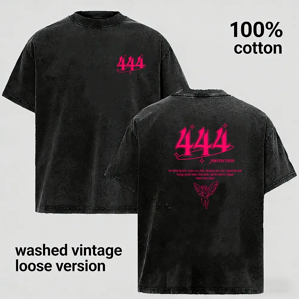 Retro Spiritual 444 Protection Star Winged Angel Vintage Wash T Shirt Men Oversized Loose Streetwear Short Sleeve Great Present For Manifestation Lovers
