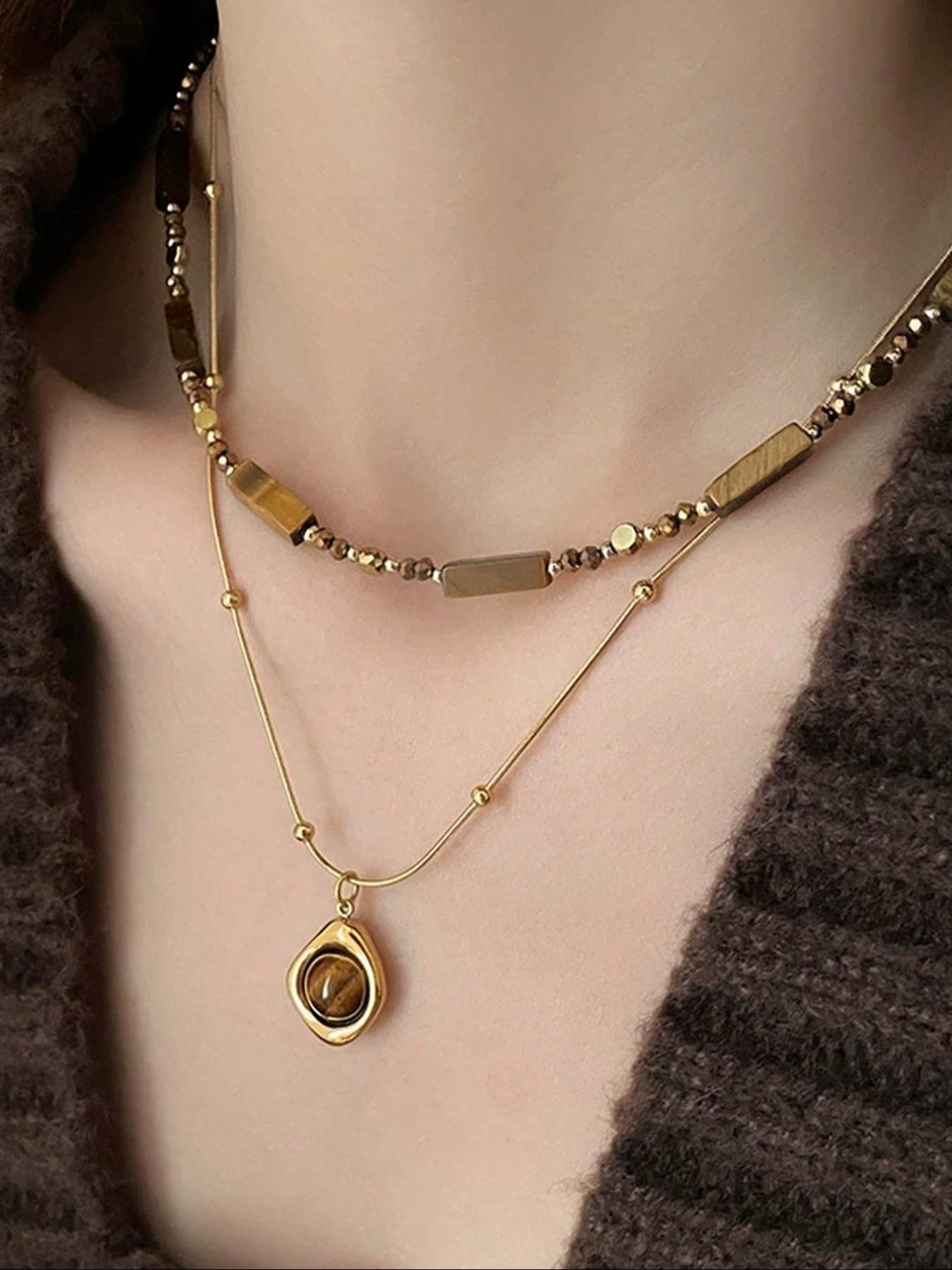 Women's Stainless Steel Necklace Set, Vintage Artificial Tiger's Eye Stone Pendant Jewelry, Artificial Gemstone Necklace for Daily Wear & Gifts, Layered Necklaces, Fashion Accessory Necklace, Fashion Necklace (The color of the stone is random)