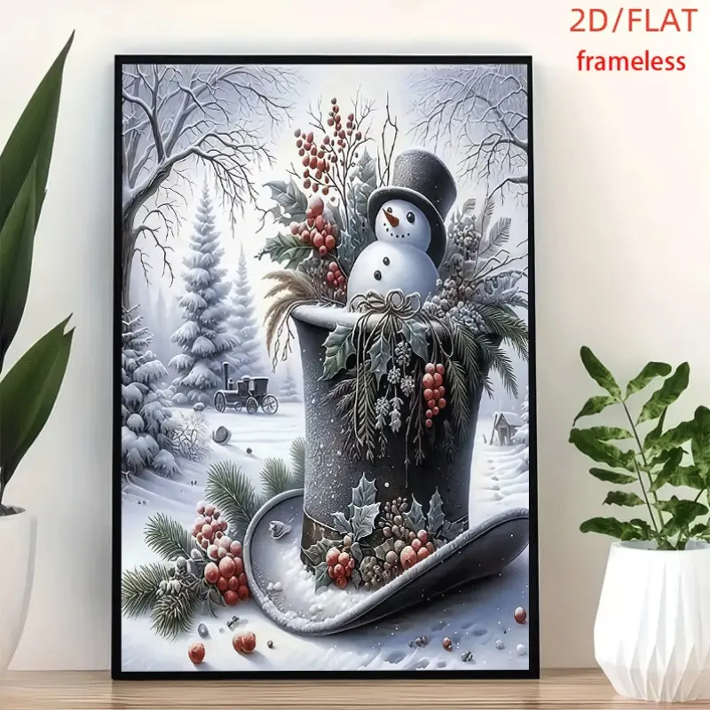 frameless Snowman In Top Hat Winter Wonderland Art Decor Print Poster, Wall Art for Living Room, Bedroom, Office, Dining Room & Bar, Perfect Gift & Home Decor, 12in x 16in