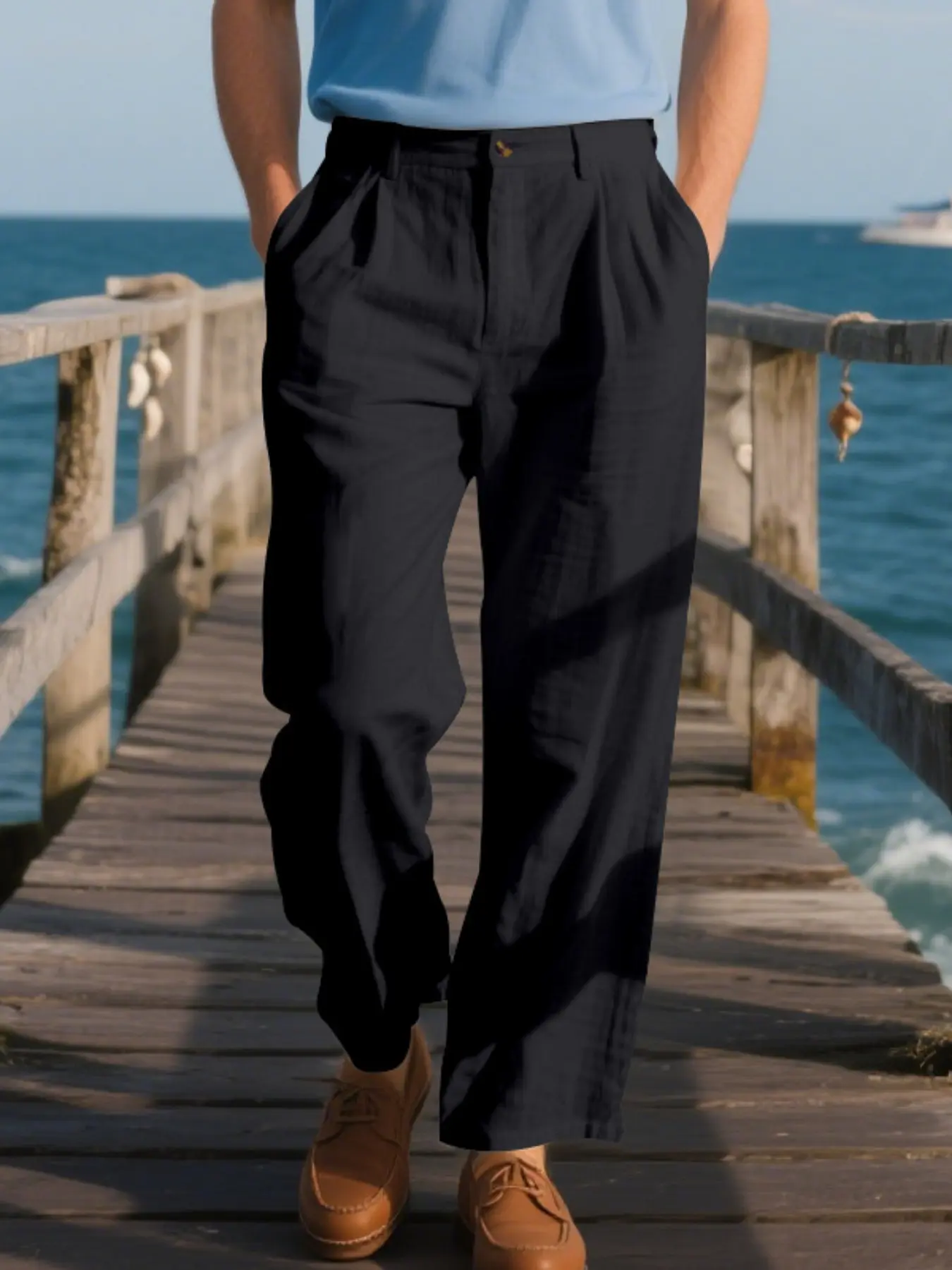 Men's Lightweight Linen Casual Long Pants, Single Button Front Pleat, Solid Color, Breathable Straight Leg, Multicolor, Business Essential, Casual Slacks