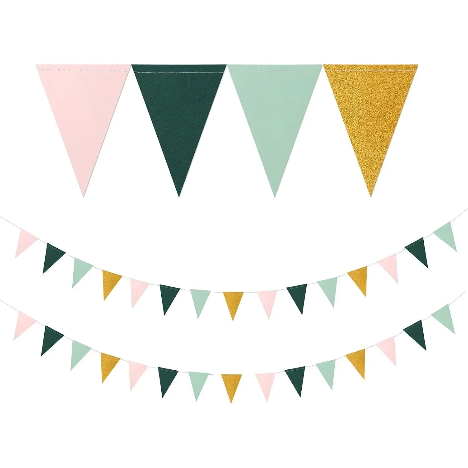 Sage Green Synthetic Double-Sided Paper Triangle Pennant Banner 2-Pack (9.4cm x 14.5cm), Modern Festive Party Decorations for Bridal Shower, Wedding Backdrops & Banners