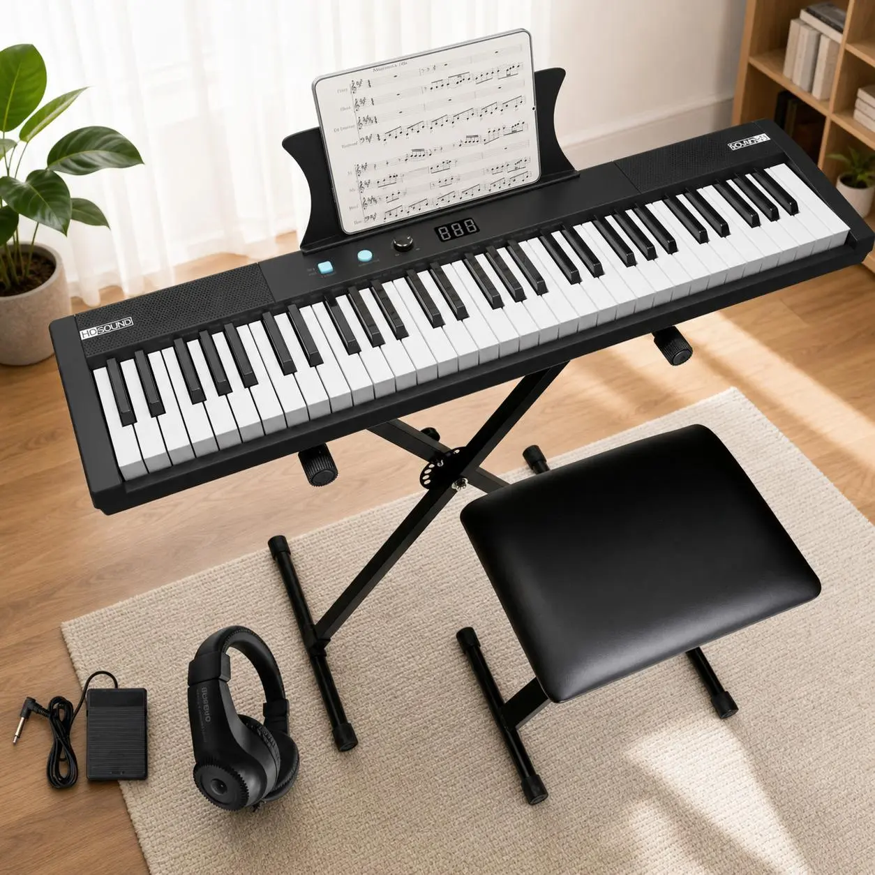 Complete 61‑Key Portable Keyboard Piano Set, Semi‑Weighted Electric Piano with Speakers, Stand, Stool, Pedal and Power Adapter, Gift‑Ready Instrument for Beginner to Professional Players