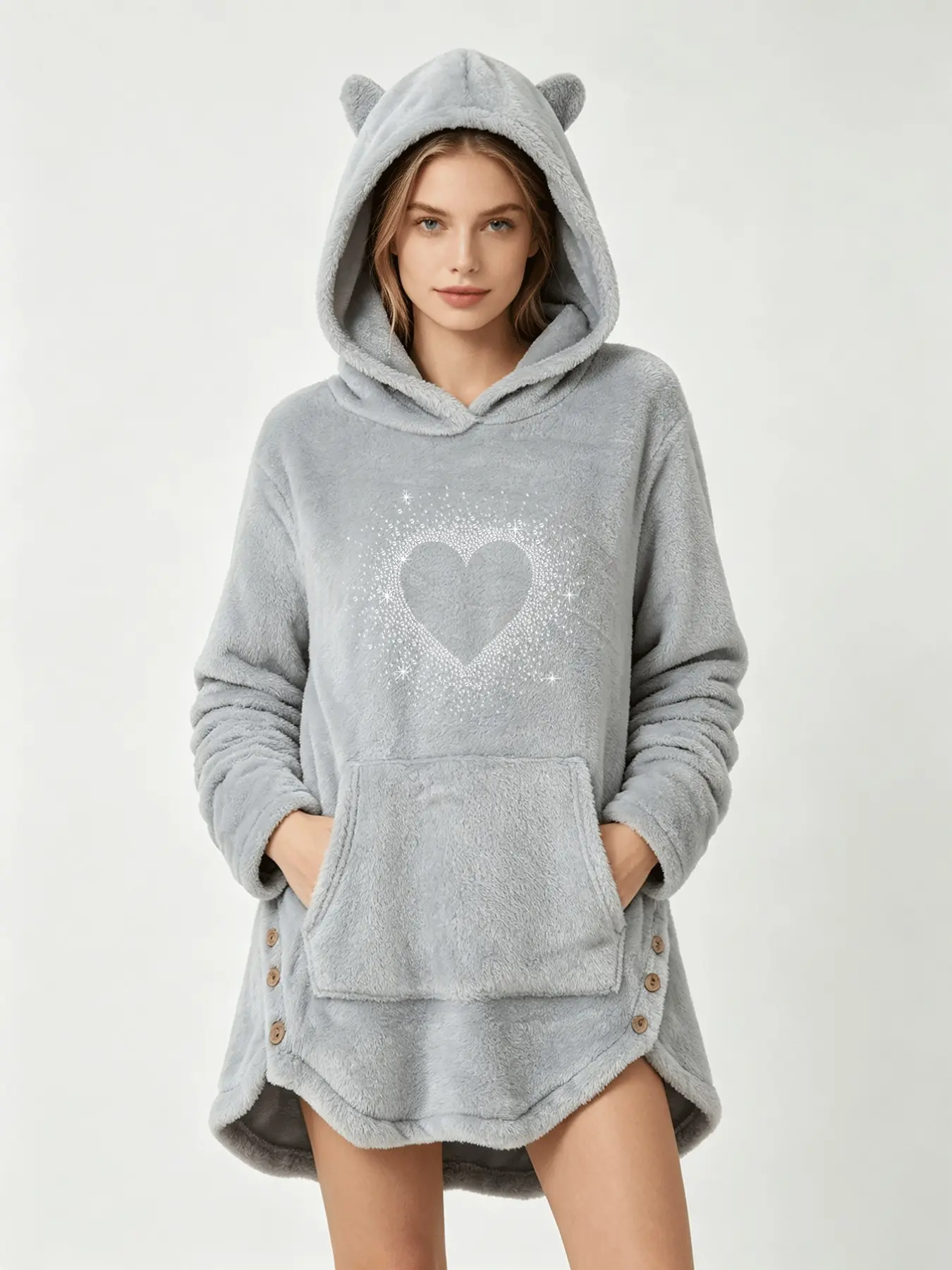 Y2K Soft Thick Flannel Long Sleepwear, Fun Pig Note Print, Loose Fit Hooded Home Apparel, All Seasons Comfort