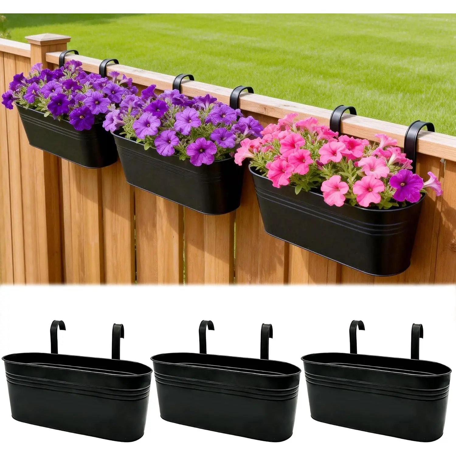Metal Railing Planter Boxes 10 Inch, 3-Pack Adjustable  Flower Pots for Balcony, Deck, Porch & Fence, Detachable Hook Design, Black Heavy Duty Planters for Outdoor