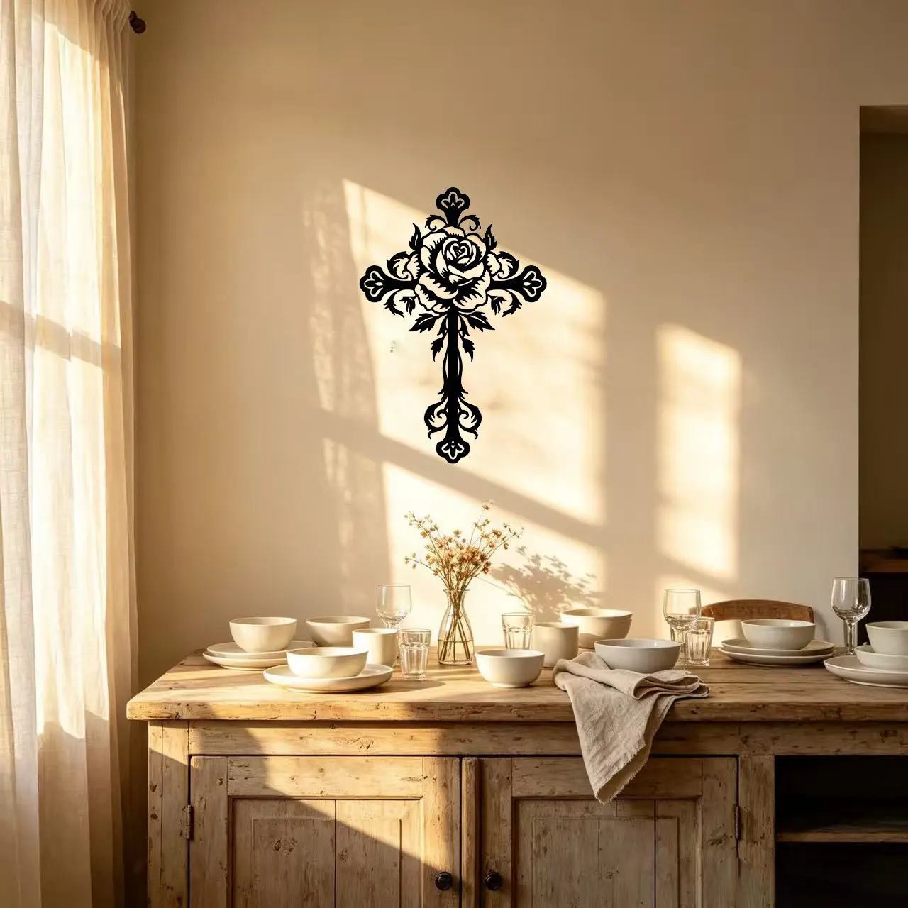 Flower Pattern Metal Religious Floral Wall Cross, 1 Count Exquisite Decorative Wall Decor Ornaments, Stylish Religious Decor Wall Art Decor for Home Living Room Bedroom Office Religious Decoration