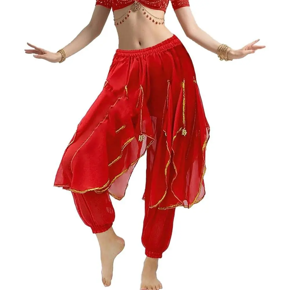 Women‘s Belly Dance Harem Pants with Golden Trim High Waist Stretchy Pants for Yoga Practice Stage Performance