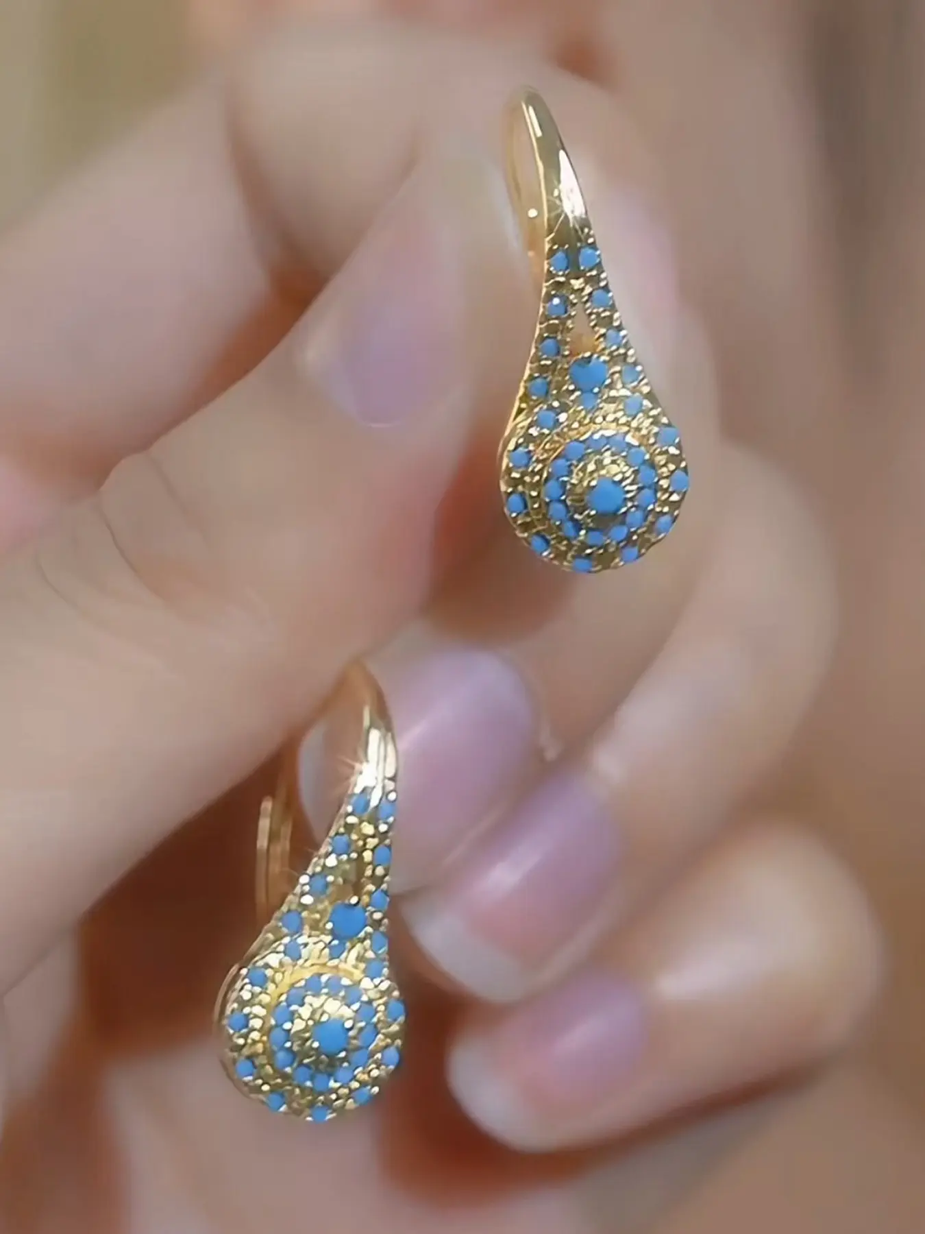 1 Pair Vintage Boho Teardrop Hook Earrings, Multi-Layer Round Cluster Faux Turquoise Inlaid Rhinestone Drop Dangle Shining Earrings, Fashionable Earrings, Ethnic Retro Holiday Daily Dress Up Costume Ear Jewelry Fashion Jewelry Earrings For Women