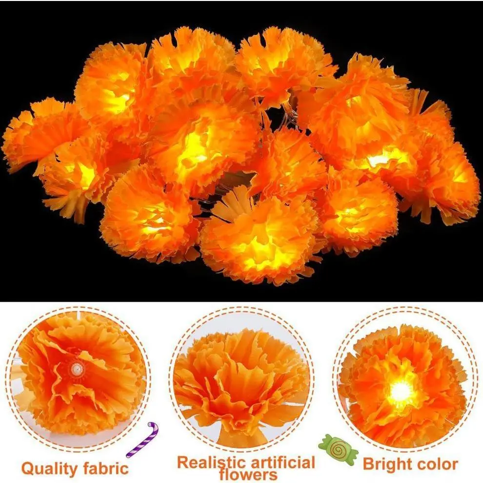 LED Marigold Flower String Lights With Orange Floral Shapes For Halloween Altars, Doorways And Courtyards, Dual Lighting Modes Provide Adjustable Ambient Glow For Multi Scene Festival Layout