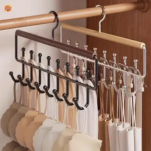 2Pcs Wooden Multi Hook Clothes Hangers, 360° Rotatable Metal Hook Vest Organizer, Space Saving Closet Storage Rack for Underwear, Bra, Tank Tops, Ideal for Household & Clothing Boutique Use