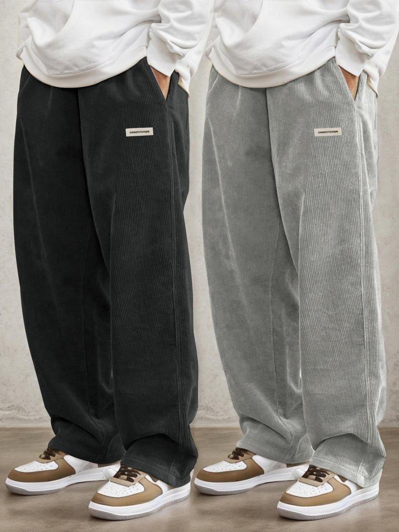 Men's Letter Patched Drawstring Waist Pants Comfy Straight Leg Trousers for Daily Wear, Casual Street Trousers, Men's Bottoms for All Seasons