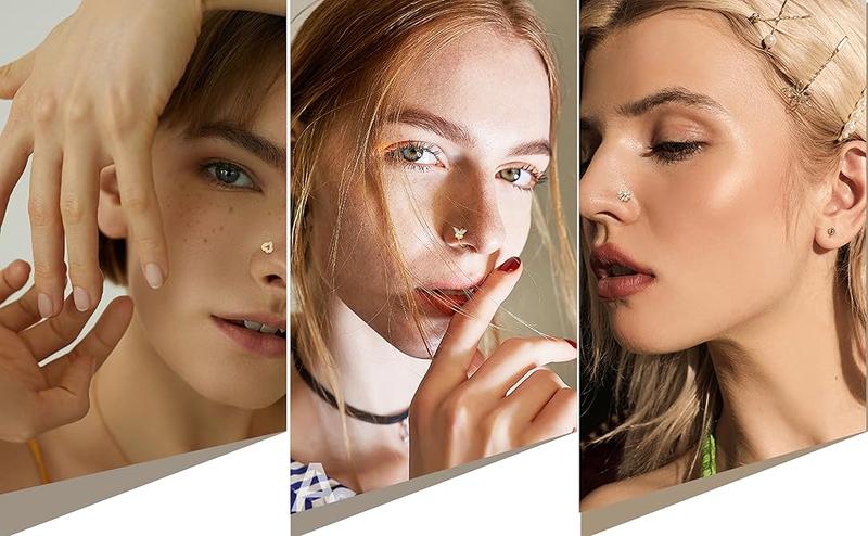 2025 Summer 16Pcs Nose Rings - Women's Surgical Steel Nose Studs & Hoops  20G,L Shaped, Corkscrew, Gold, Silver)