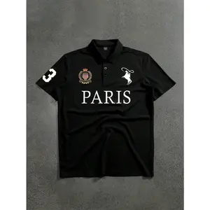 Men's Black Paris Graphic Polo Shirt Short Sleeve Casual Golf Streetwear Embroidered Crest Slim Fit Top for Men