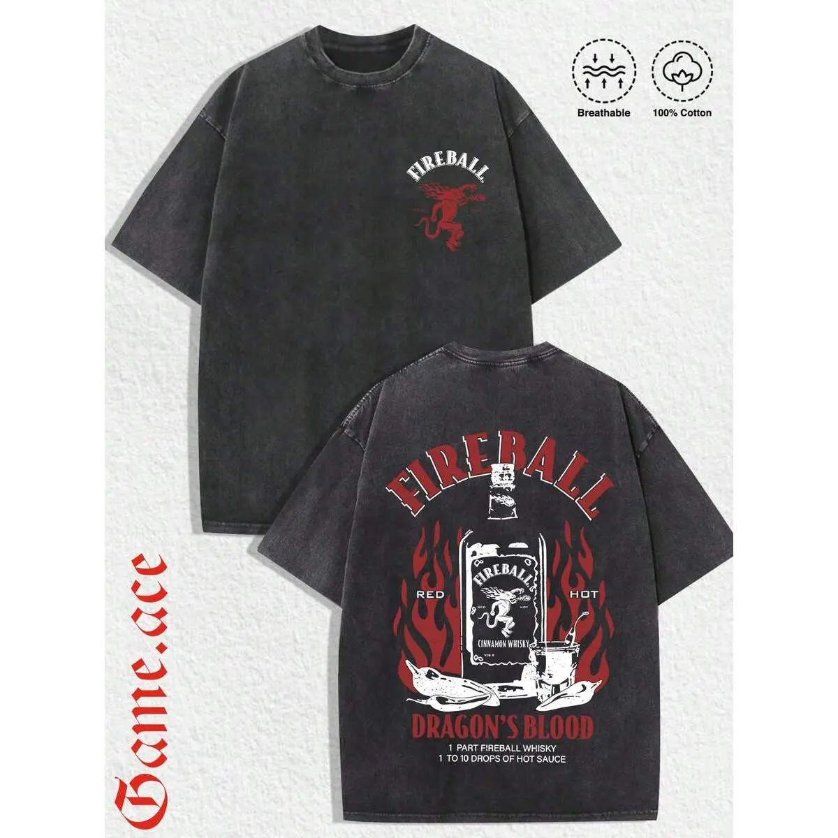 1 PCS Menswear Vintage Whiskey-Inspired Short Round Hem Round Neck Washed Black T-Shirt with "FIREBALL" Branding, Dragon Logo, Flaming Whiskey Bottle Graphic for Spring/Summer Men's Tops, Fabric