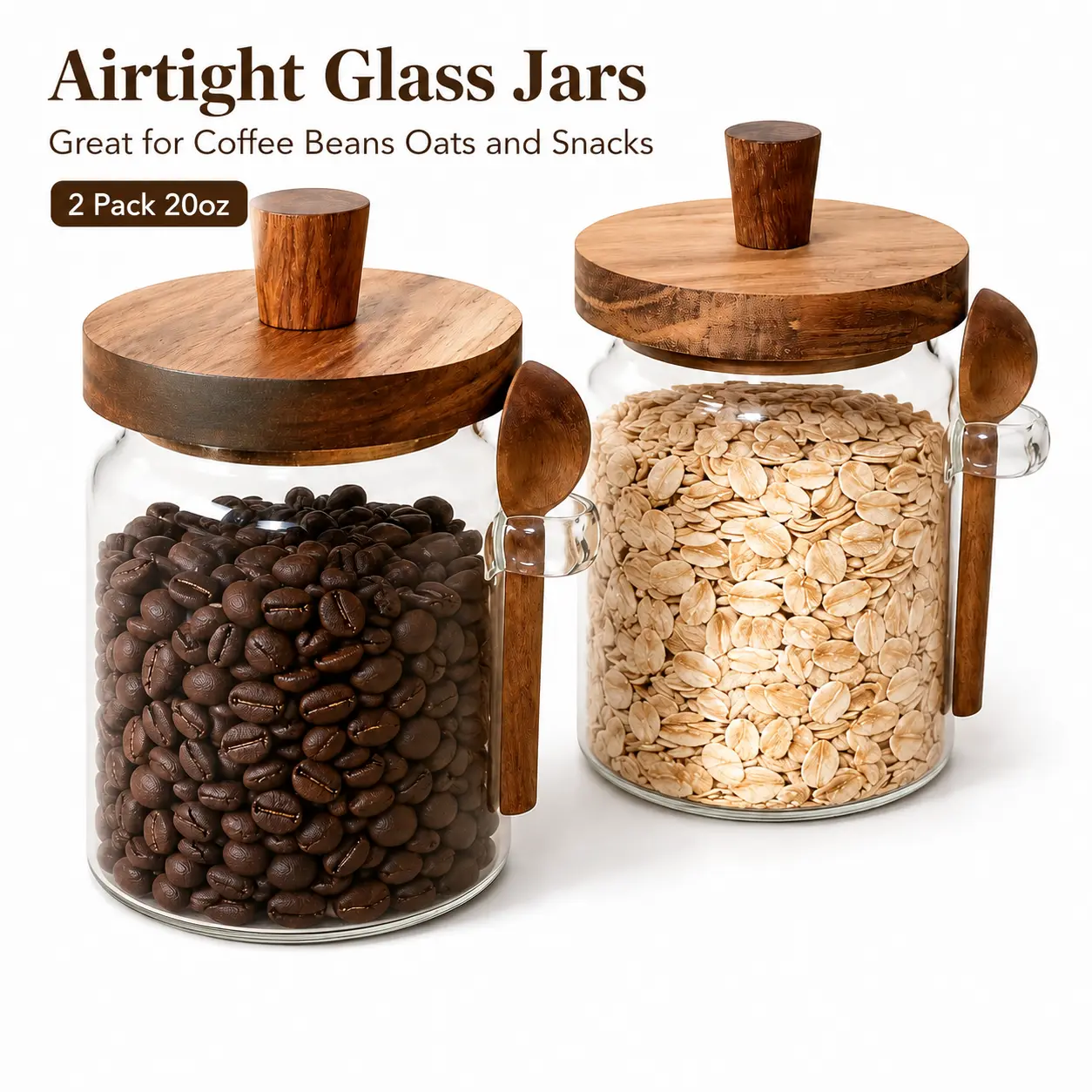 MIUVA Aesthetic Minimalist Glass&Wood Container Set, 2-Pack 20oz Airtight Kitchen Canisters with Acacia Wooden Lids and Spoons for Coffee Beans, Cookies, Pantry