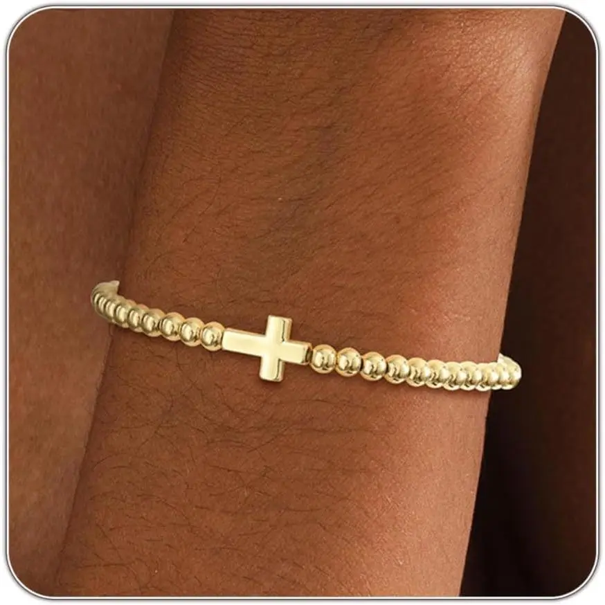 Women's 14K Silver Gold-Plated Handmade Beads Stretch Bracelets - Cross, Heart, Bow, Wave Circle CZ Ball Charms, Dainty Stackable Easter Gift Accessories, All Seasons Female Costume Jewelry