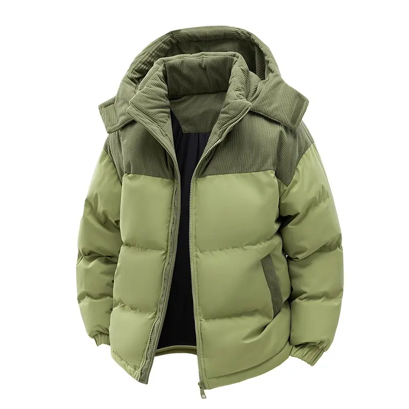 Men's Mint Green Corduroy Patchwork Hooded Puffer Jacket Zip Up Winter Coat Clothes Menswear