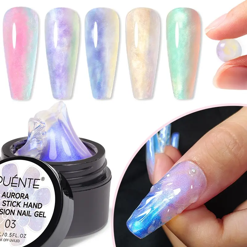 PUENTE 15ML Aurora Non Stick Hand Extension Nail Gel, Iridescent Mermaid Shimmer Sculpting Gel, 3D Modeling Carving Hard Gel, UV/LED Compatible, Easy Application, Odorless, For Home Nail Salon Use