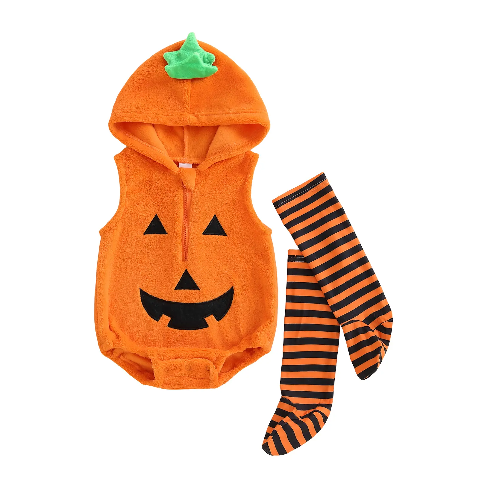Newborn Baby Girl boy Halloween Costumes Pumpkin Outfit Fleece Sleeveless Hooded Romper and Striped Stockings 2 Piece Halloween Set
