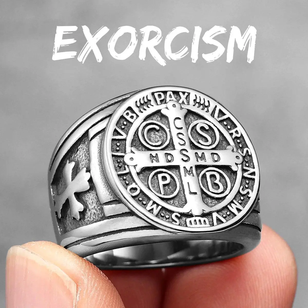 Men's Saint Benedict Amulet Signet Ring - Vintage Hexagonal Stainless Steel Jewelry, Multi-Size Unisex Ring, Multi-Color, Religious Engraving, Casual Wear Accessory, Spiritual Gift