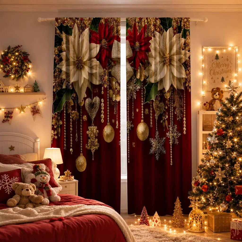 2D Printed Curtain Set with Christmas Wreath Design Perfect for Seasonal Holiday Decoration Semi-Blackout Polyester for Bedroom Living Room Kitchen Basement Garden