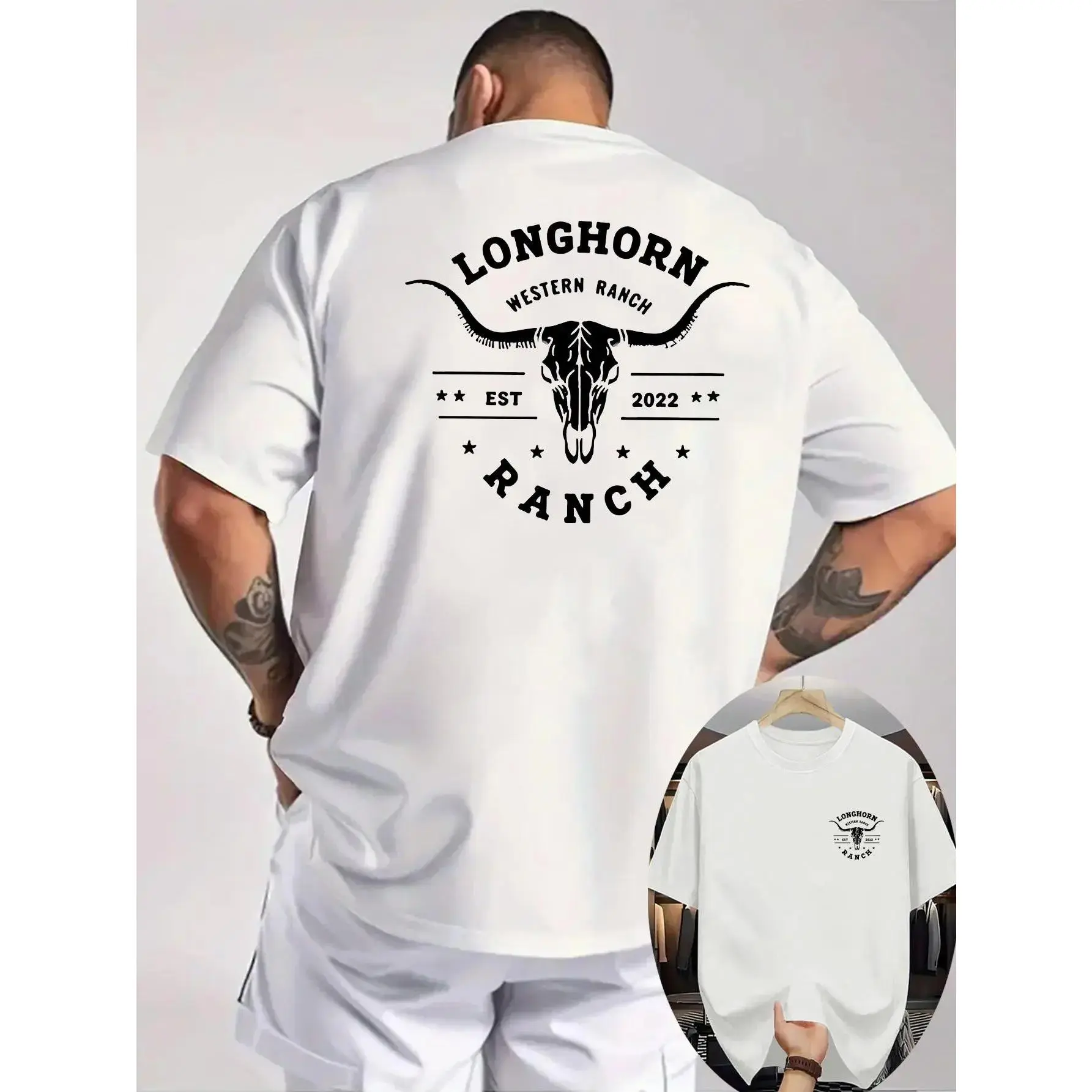 Men's Plus-Size Western-Style Shortsleeve Tops - Breathable Knit Activewear with Longhorn, Bull Skull Prints, Texas Ranch Design, Double-Sided Athletic Sports Clothes for Summer Outdoor Activities, Menswear