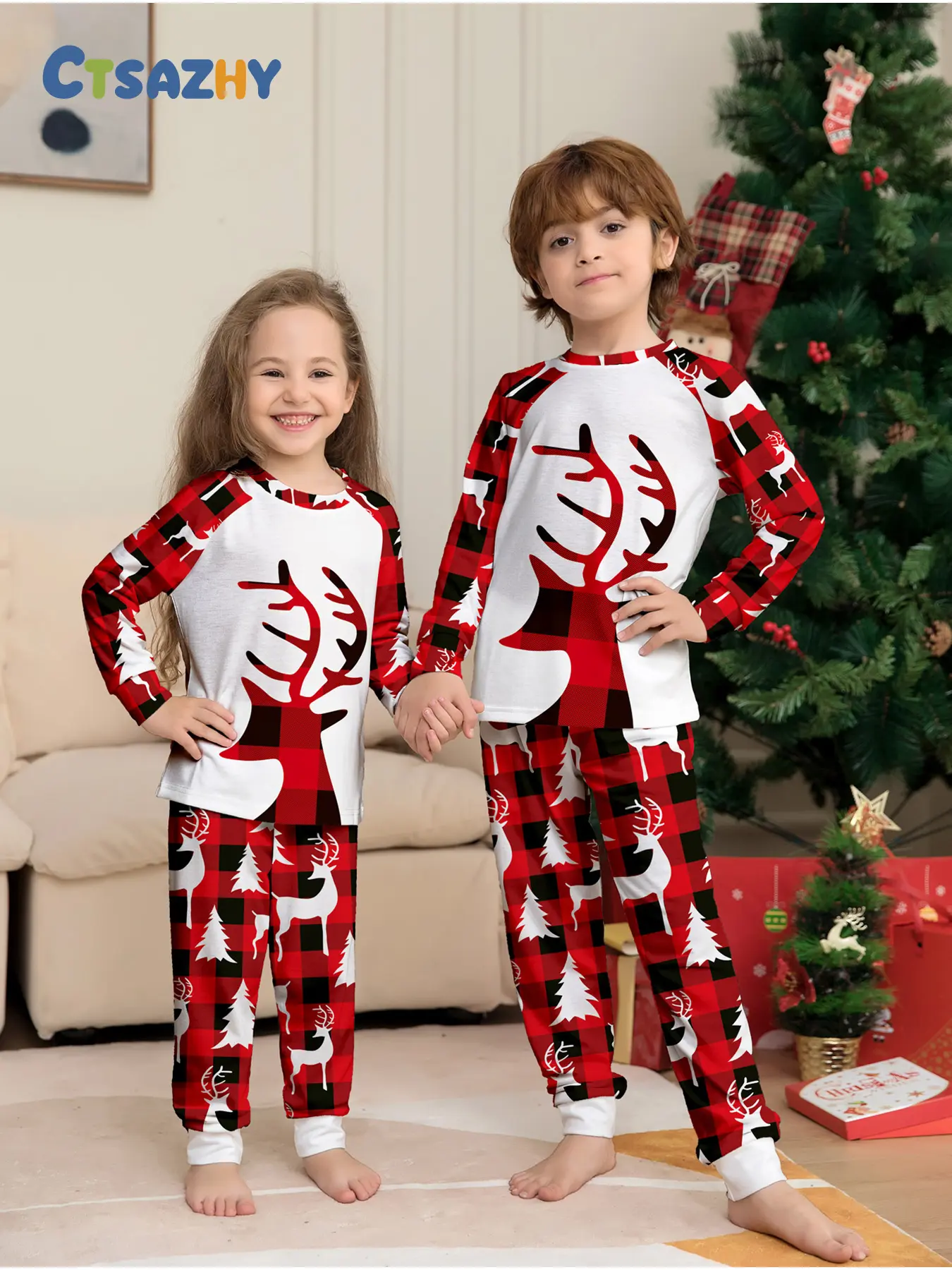 Plaid Reindeer Christmas Tree Pajama Set, Long Sleeve, Vintage Holiday Home Wear, Kids' Festive, Perfect for Christmas Photos