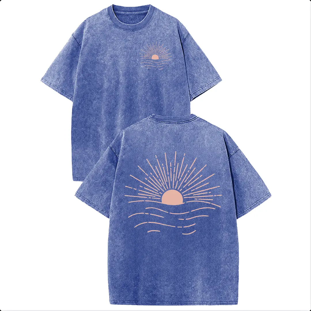 Holafish Retro Coastal Sunrise & Sunset Ocean Double-Sided Line Art Print Washed Tee, Vintage Minimalist Style Loose Casual Short Sleeve T-Shirt | 2026 New Color, summervibes, Deals For You Days