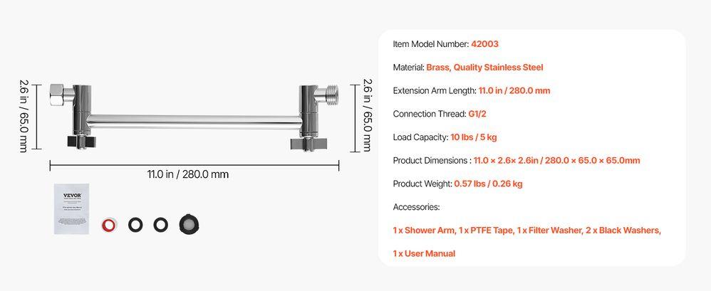 VEVOR Shower Head Extension Arm Extender 11 in Adjustable Angle Height G1/2 Universal