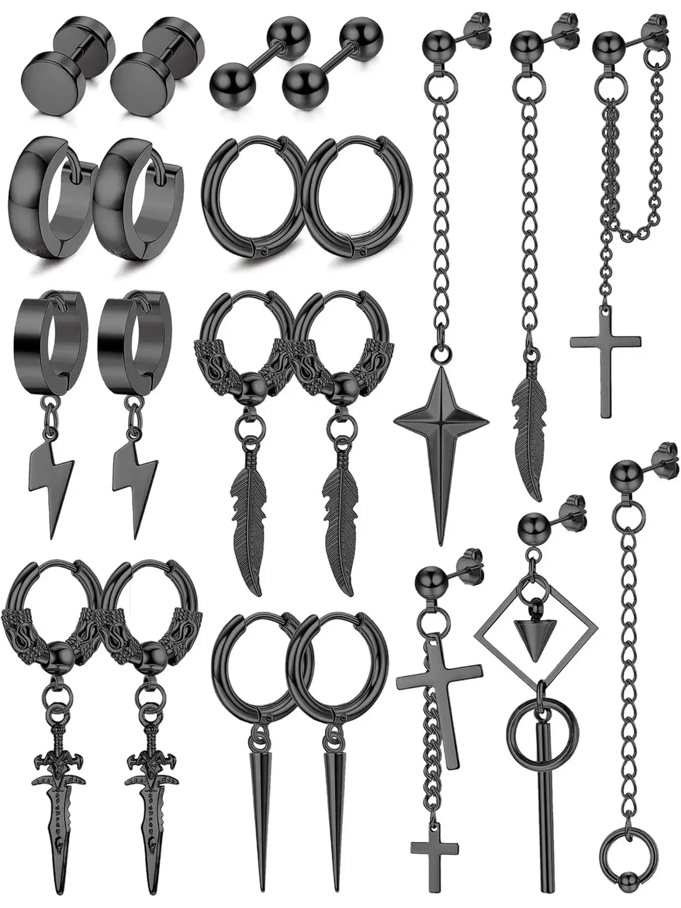 22 Pcs Dangle Earrings for Men Stainless Steel Hinged Hoop Earrings Hypoallergenic Mens Earrings Set,Long Chain Stud Cross Kpop Earrings for Men Stackable Earring Stacking Set Piercing Jewelry Gift