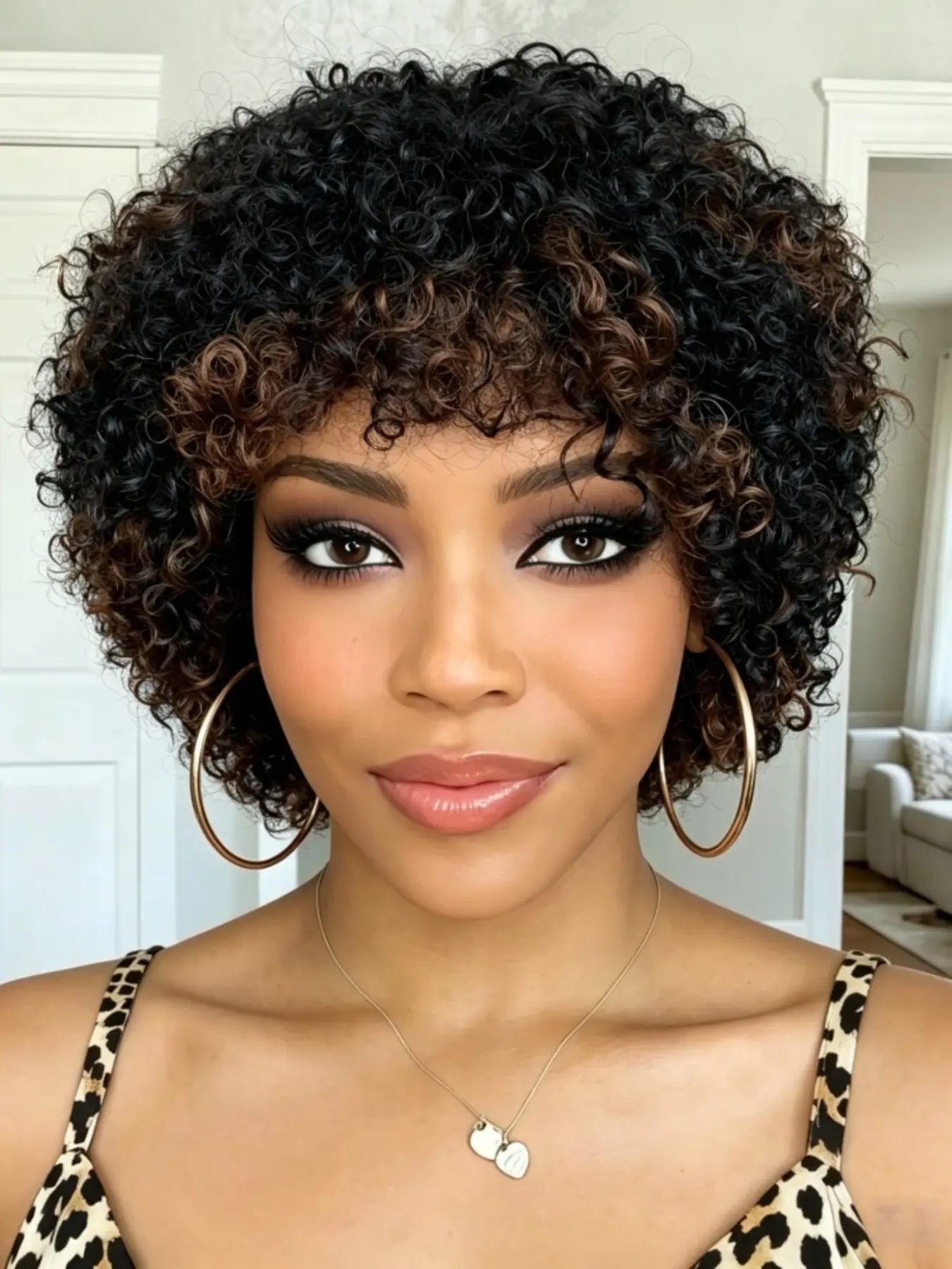 10inch Short Ombre Kinky Curly Human Hair Bob Wig for Women, Full Machine Made, Natural with Chestnut Highlights, Small Curly Style