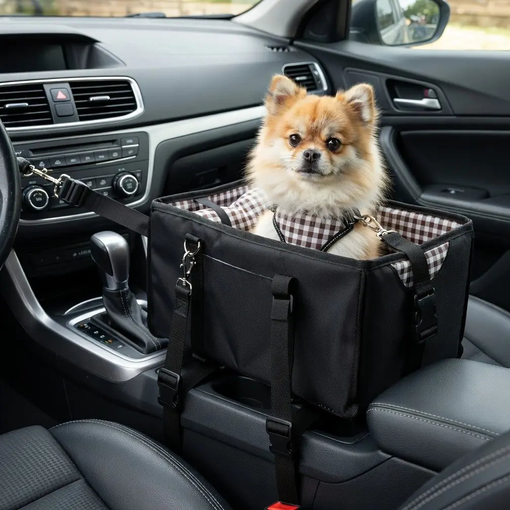 Portable Small Dog Cat Booster Car Seat, Washable Cushion and Pillow, Anti-Sag Center Armrest, Suitable for Puppies and Kittens