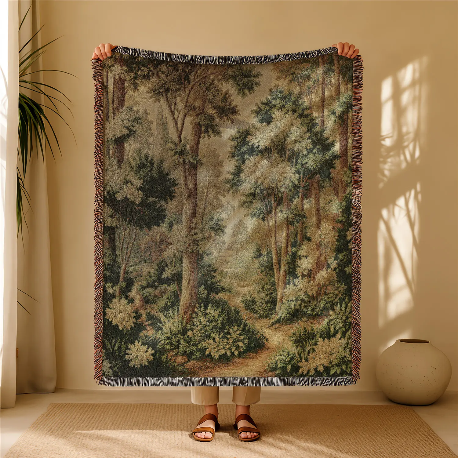 Forest Bohemian Yarn Jacquard Woven Blanket with Tassel, Thick Soft Washable Blanket, Used for Home Decor Sofa Chair Bed Tapestry Tablecloth Floor Garden Picnic Outdoor Camping, Soft Blankets and Throws
