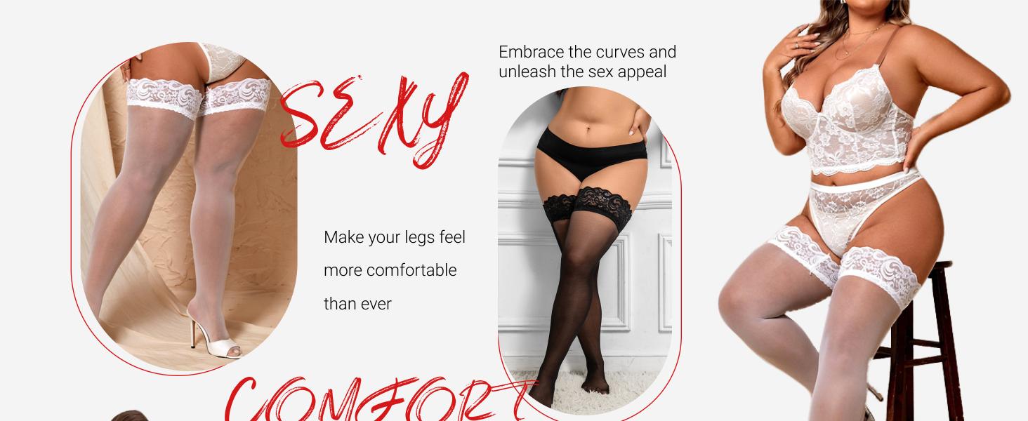 Pl Size Thigh High Stockings: Women Lace Anti-Slip Stay Up Sheer Pantyhose Lingerie Stockings for Sexy Women