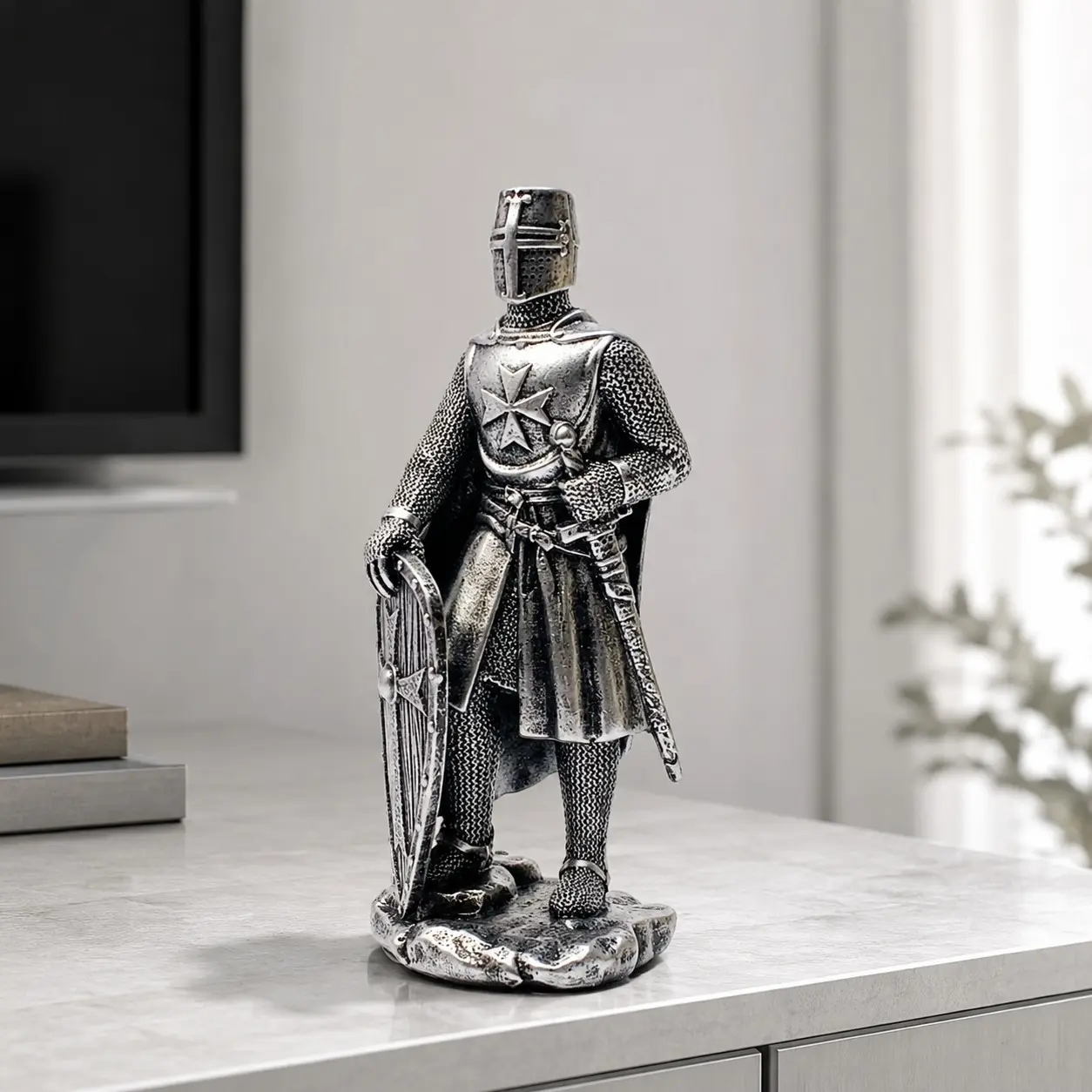1PC Silver Color Shield Knight Statue, Vintage Resin Warrior Figurine with Sword, Shield & Detailed Armor, Tabletop Decor for Home Office, Desk, Bookshelf, Living Room & Gift for Him.